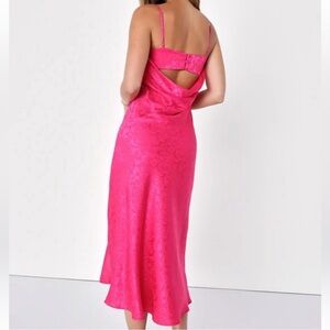 Lulus Stunning Radiance Hot Pink Satin Jacquard Cowl Midi Dress. NWT. Size XS